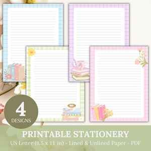 May include: Four sheets of printable stationery with lined paper and plaid borders in blue, green, purple, and pink. Each sheet features illustrations of stacked books, flowers, and coffee cups. The text 4 DESIGNS PRINTABLE STATIONERY US Letter 8.5 x 11 in is visible.