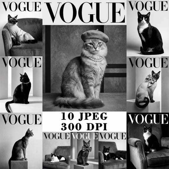 Vogue Style Cat Poster Set, Editorial Fashion Wall Art, Modern