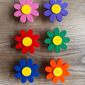 Op de afbeelding: Zes madeliefvormige decoraties. Elke bloem heeft een gele kern en bloemblaadjes in verschillende kleuren: roze, paars, rood, groen, blauw en oranje. De decoraties zijn gerangschikt op een houten oppervlak.