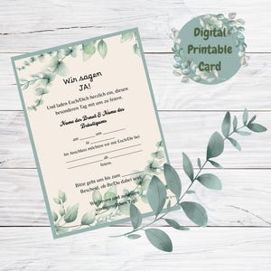 Digitale Hochzeitskarte „Wir sagen Ja“ – personalisierbar über Link | Natürliches Design in Grün | Zum Ausdrucken oder Digitalversand