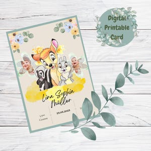 Personalisierbare Geburtskarte mit Bambi, Klopfer & Blume – digitaler Download