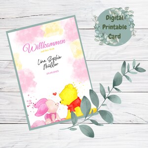 Tarjeta de nacimiento personalizable con Winnie the Pooh y Piglet (descarga digital)