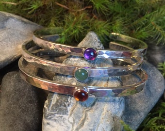 Ballpeen hammered gemstone cuff bracelet