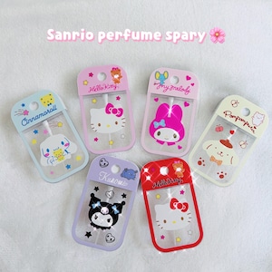 May include: Collection of Sanrio perfume spray bottles featuring popular characters like Hello Kitty, My Melody, and Cinnamoroll. Each bottle has a unique design with star and heart accents, and the text "Sanrio perfume spary" is visible.