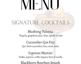 Modern Cocktail Menu Sign: Editable Printable Bar List (Digital Download)