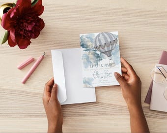 Hot Air Balloon Baby Shower Invitation: Blue Watercolor (Digital Download)