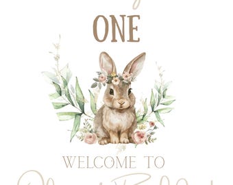 Bunny First Birthday Welcome Sign: Watercolor Floral (Digital Printable)