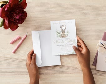 Bunny First Birthday Invitation: Pastel Floral, Editable Template (Digital Download)