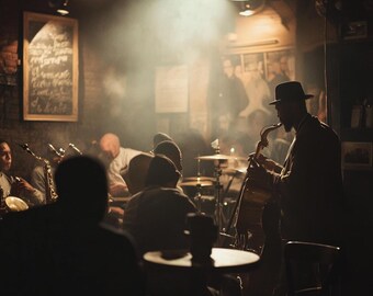May include: A dimly lit jazz club with musicians playing instruments. The musicians are silhouetted against a smoky background. A saxophone player is in the foreground, playing a solo. The club is decorated with vintage posters and signs.