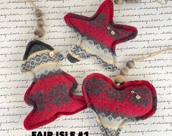 Felted Christmas Ornament SET of 3 "Fair Isle Red" Recycled Wool Christmas Tree Ornaments