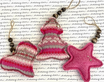 Pink Primitive Christmas Ornaments SET of 3 Pink Fair Isle Recycled Wool Christmas love