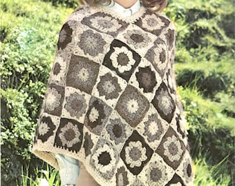 vintage crochet pattern granny square poncho wrap cape ladies retro printable pdf pattern 1960