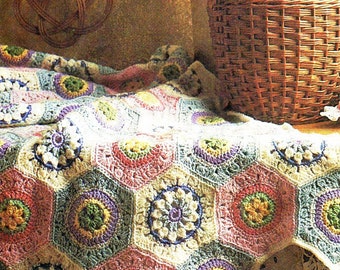 Cottagecore Hexagon Granny Square Blanket Crochet Pattern, Flower Blossom Afghan, Daisy Granny Square, Floral Square Motif, Instant Download