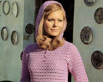 Vintage Hooded Crochet Sweater Pattern, Lightweight Summer Cardigan Hoodie, PDF Instant Download