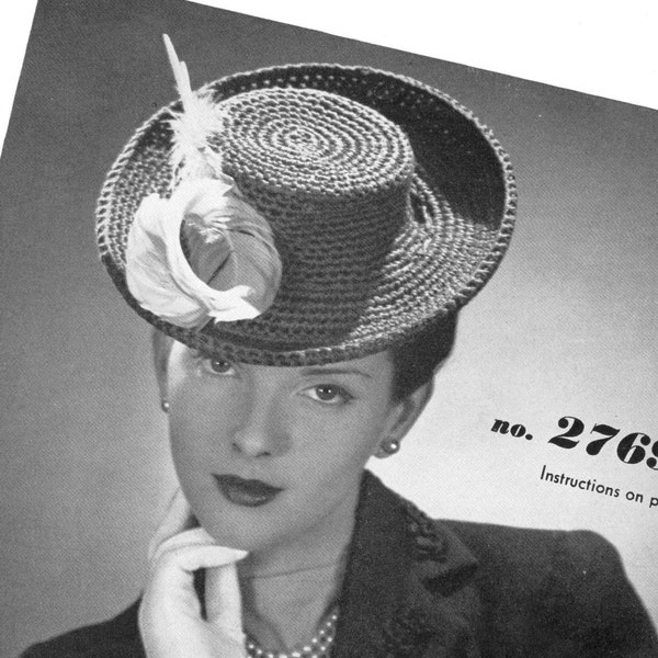 vintage crochet pattern ladies hat fascinator 1940s style retro costume brimmed crochet cotton printable electronic pdf download 1940