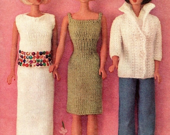 Patrón de tejido para ropa de muñeca Barbie, vestido vintage, suéter y falda en PDF, conjunto fácil para principiantes, descarga instantánea.