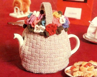 Cottagecore Flower Basket Tea Cosy Knitting Pattern PDF, Teapot Cover, Easy Beginner Instant Download