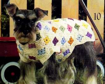 Puede incluir: Un perro pequeño, negro y gris, lleva un suéter tejido a crochet con un patrón cuadrado multicolor. El suéter es blanco con cuadrados de color rosa, morado, amarillo, verde y naranja. El perro está de pie sobre una superficie cubierta de hierba con una valla de madera y un carro rojo en el fondo. El número 10 es visible en la valla.