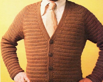 Vintage Mens Crochet Cardigan Sweater Pattern PDF, Retro Clothing, Instant Download