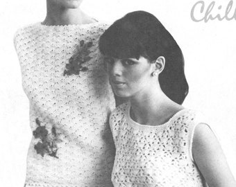 May include: Two women wearing white crochet tops. The woman on the left is wearing a long-sleeved top with floral embellishments and a white skirt. The woman on the right is wearing a sleeveless top. The text "Crochet Away Holiday Chill" is written in cursive at the top of the image.