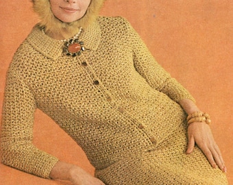 Patrón PDF de traje de falda y suéter de ganchillo vintage, conjunto bohemio hecho a mano, fácil descarga instantánea.