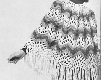 Patrón de chal poncho de ganchillo vintage en PDF, capa tipo chevron estilo boho, descarga instantánea de gran tamaño.