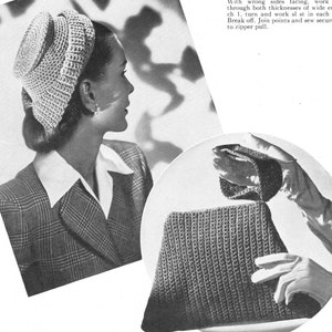 vintage crochet pattern ladies hat retro 1940s hat with handbag clutch purse costume printable electronic pdf download 1940