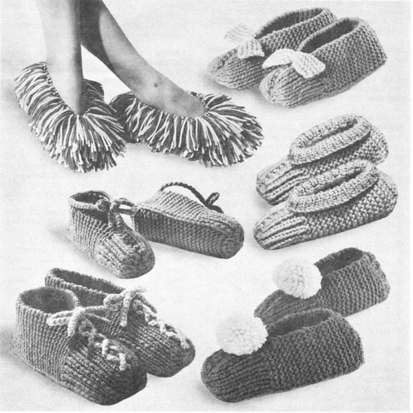 knitting pattern slippers bundle vintage retro styles mens ladies childrens sizes girl boy kids child printable pdf instant download 1960s