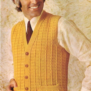 vintage crochet pattern mens mans boys buttoned down v neck cable knit knitted look vest waist coat 1970 pdf printable download