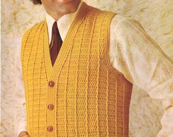 vintage crochet pattern mens mans boys buttoned down v neck cable knit knitted look vest waist coat 1970 pdf printable download