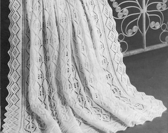 vintage knitting pattern baby princess charlotte style blanket shawl afghan fingering yarn diamond center eyelet peaks lace PDF printable