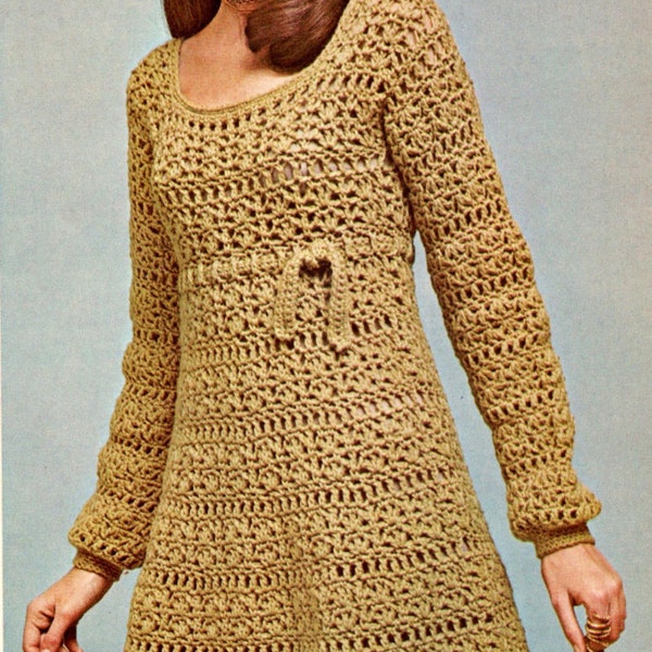 vintage crochet pattern ladies cocktail dress empire waist lace long sleeves victoria secret style short printable pdf download skirt