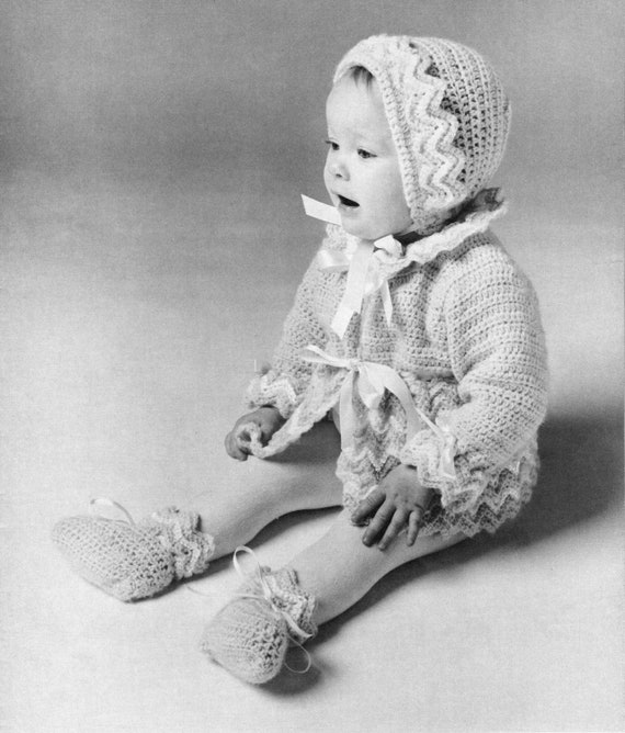 crochet pattern baby sweater coat jacket hat bonnet booties shoes ripple  set bundle layette 1960 PDF DOWNLOAD the vintage purl