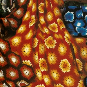 crochet pattern granny square blanket afghan hexagon motif puff stitch throw PDF DOWNLOAD 1970 the vintage purl