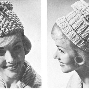May include: Two images of a woman wearing knitted hats. The first hat is a light-coloured, textured beanie with a bow. The second hat is a light-coloured, ribbed knit hat with a decorative brim. Both hats are vintage style.