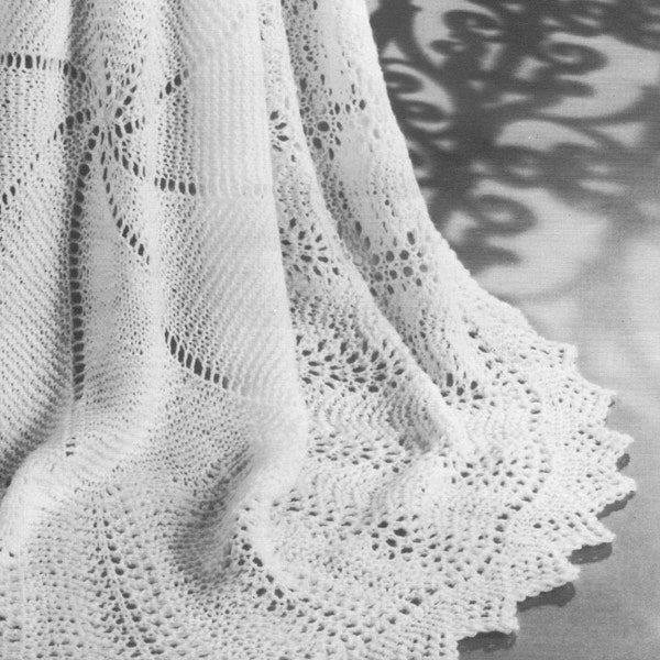 vintage knitting pattern circular round lace baby shawl blanket princess lace DIY garter stitch feather fan printable PDF download