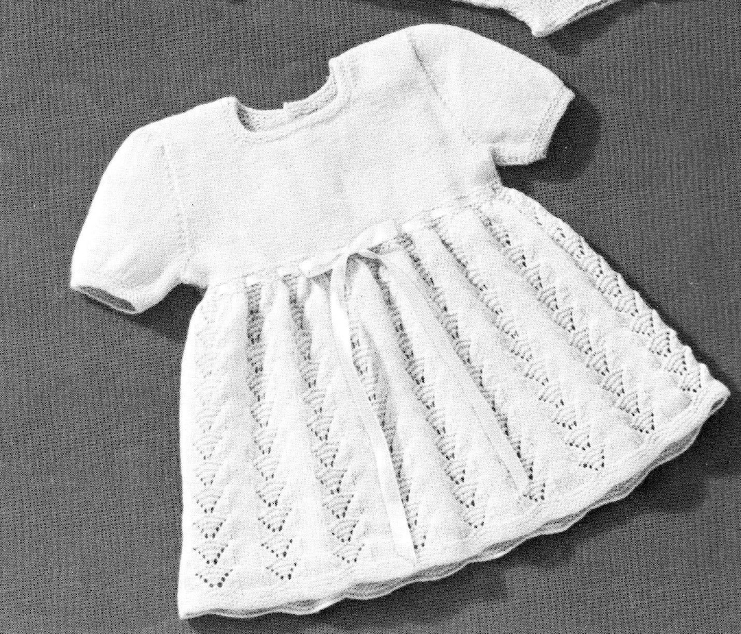 Vintage Knitting Pattern Baby Dress 6 12 Months Empire Waist Short Sleeves Lace Bottom Fingering