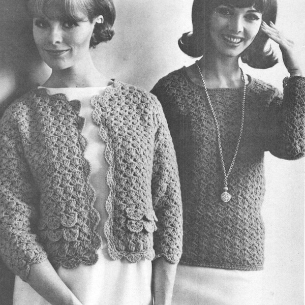 vintage crochet pattern ladies womens shell stitch lace pullover sweater cardigan jacket coat bundle printable pdf download electronic 1960