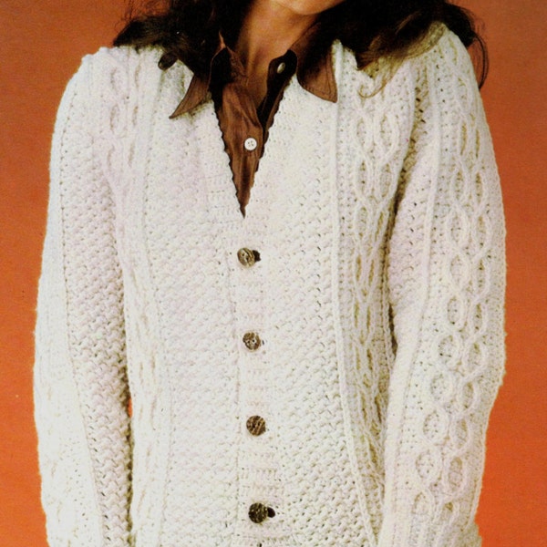 vintage crochet pattern cable knit button up cardigan sweater aran ladies mens knitted look 2 sizes worsted weight yarn I J hooks printable