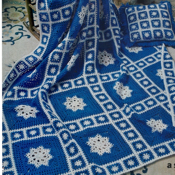 Vintage Crochet Pattern Snowflake Granny Square Motif Afghan Throw Pillow Cushion Cover Snow Winter Printable PDF Download 1960