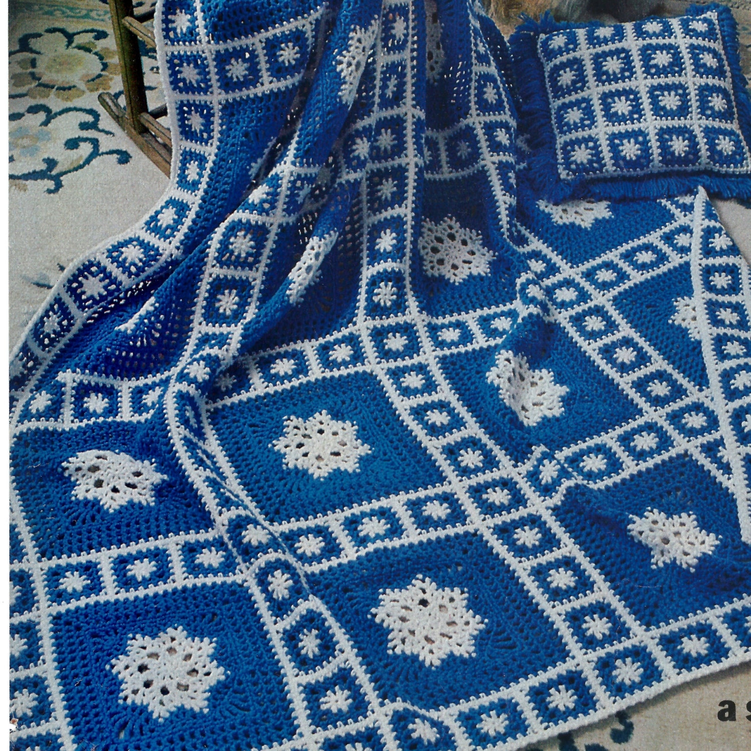 Vintage Crochet Pattern Snowflake Granny Square Motif Afghan Throw