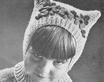 Kitty Bonnet Knitting Pattern for Kids, Vintage Helmet Hat with Ears, Winter Cat Hat, Childrens Hood, PDF Instant Download