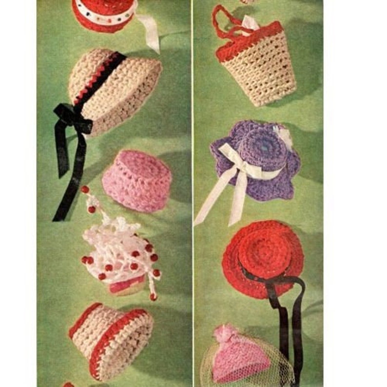 crochet pattern barbie hat bag bonnet sun pillbox crown wedding veil garden sailor beach accessories 1960 PDF DOWNLOAD the vintage purl image 1