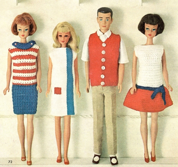 Knitting Pattern Crochet Barbie Clothes Skipper Doll Clothing Ken Sweater  Vest Dress Suit Skirt Top Sweater 1960 