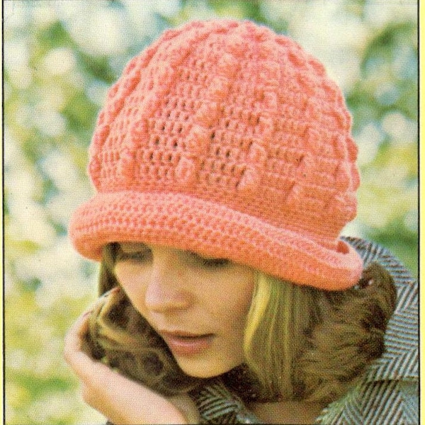 vintage crochet pattern popcorn cluster bobble cable beret hat ladies womens girls brim bowler printable pdf download