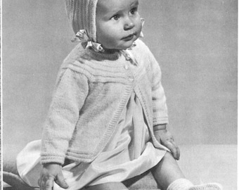 Vintage Baby Cardigan Knitting Pattern Set, Bonnet and Booties Outfit, Heirloom Knit Baby Set, PDF Instant Download