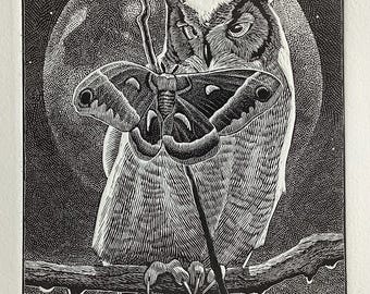 Great horned owl with a cecropia moth and full moon - AFTER A RAIN