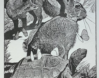 FOXEY’S RULE-Fox, Hare & Tortoise Etching | Aesop's Fable Art Print