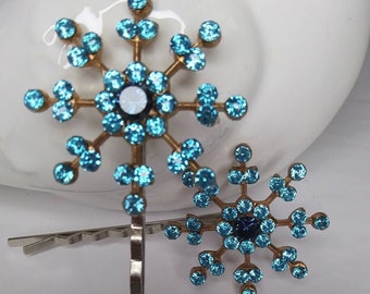 Swarovski Crystal Blue Snowflake Bobby Pin Set of Two Vintage Snow Flakes Winter Accessory