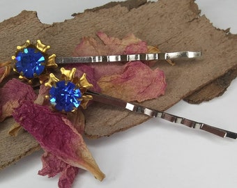 Blue Rhinestone Vintage Salvage Floral Hair Pin Winter Goddess Bobby Pins Set of 2